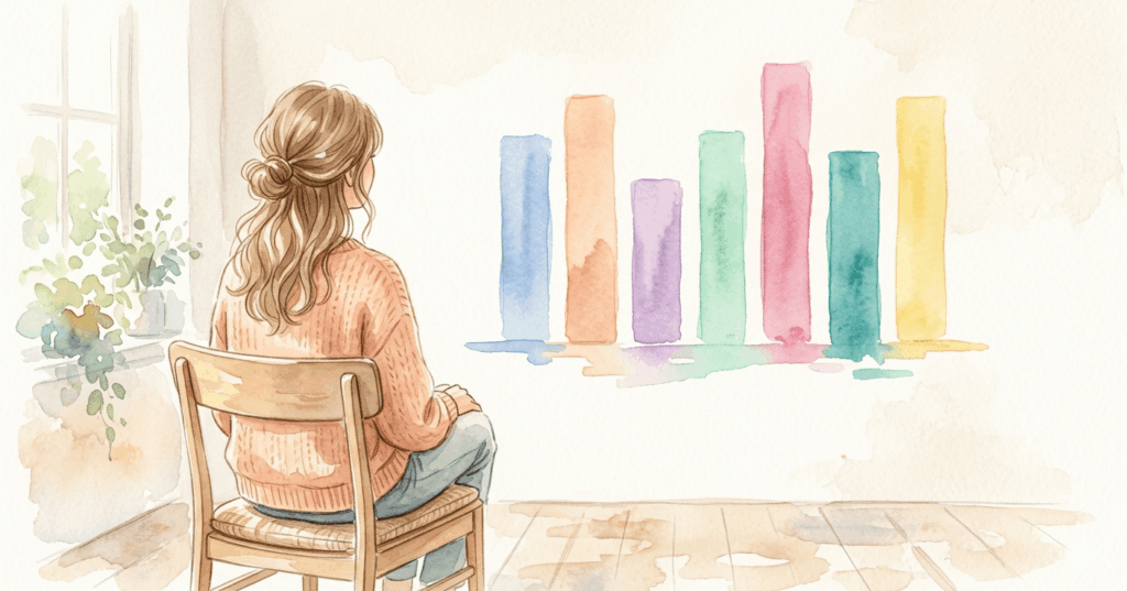 WAIS-IVの大きな凸凹差（指標差）を示すカラフルな棒グラフを、静かに見つめる女性の水彩画イラスト。自分の特性を客観的に分析し、前向きに向き合う姿勢を表現しています。