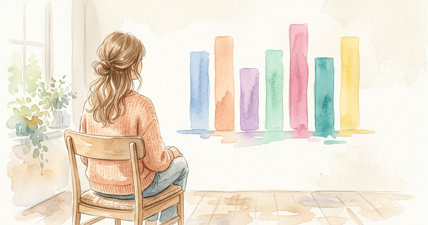 WAIS-IVの大きな凸凹差（指標差）を示すカラフルな棒グラフを、静かに見つめる女性の水彩画イラスト。自分の特性を客観的に分析し、前向きに向き合う姿勢を表現しています。