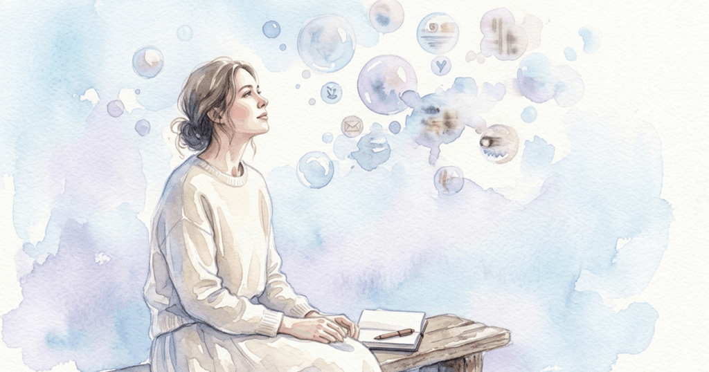 ぼんやりと考える女性の頭上に、にじんで消えかける記憶の泡が浮かぶ水彩イラスト。手元にメモ帳。