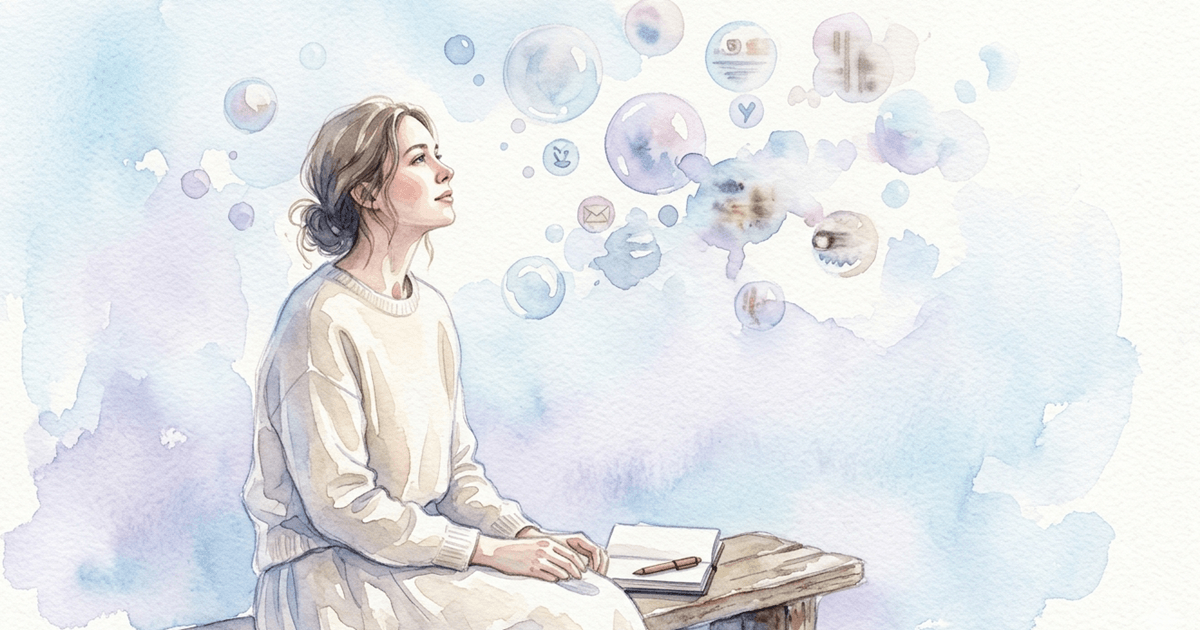 ぼんやりと考える女性の頭上に、にじんで消えかける記憶の泡が浮かぶ水彩イラスト。手元にメモ帳。