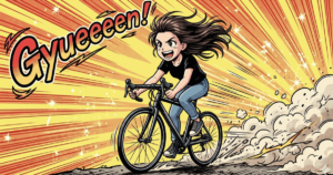 処理速度が高い大人の特徴をコミカルにイメージした、黒Tシャツとジーンズの女の子がロードバイクで爆走するアイキャッチ画像