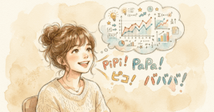 頭の中で図解やグラフを鮮明にイメージしているのに、口からは「PiPi！PaPa！」とオノマトペしか出てこない女性。言語化が苦手な人の脳内と出力のギャップを描いた、温かみのある水彩画風のイラスト。